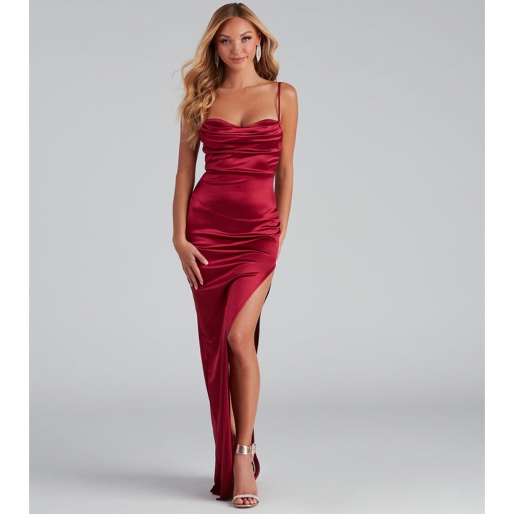 NWT Windsor Burgundy High Slit Satin Dress - Small